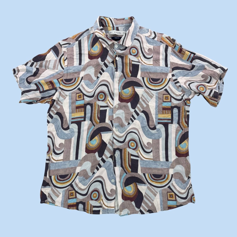 Lyon Womens XL Slim Fit Abstract Geometric Rayon Short Sleeve Button Down Shirt